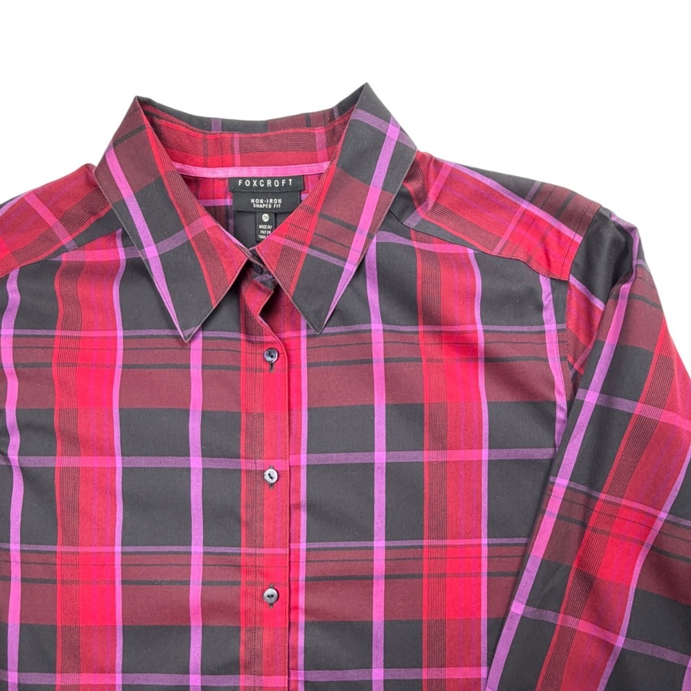 Foxcroft Non-Iron Shaped Fit Plaid Button Down Shirt Red Pink Black 22W